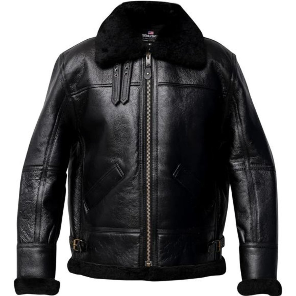 Men B3 Bomber Aviator Shearling Sheepskin Leather Winter Jacket, Black - Picture 1 of 6